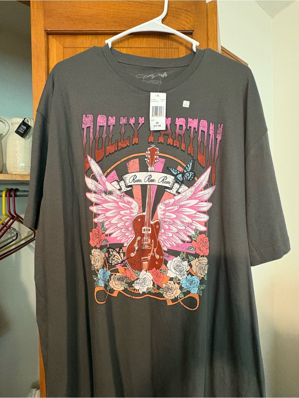 Dolly Parton Charcoal Graphic Tee with Pink Accents